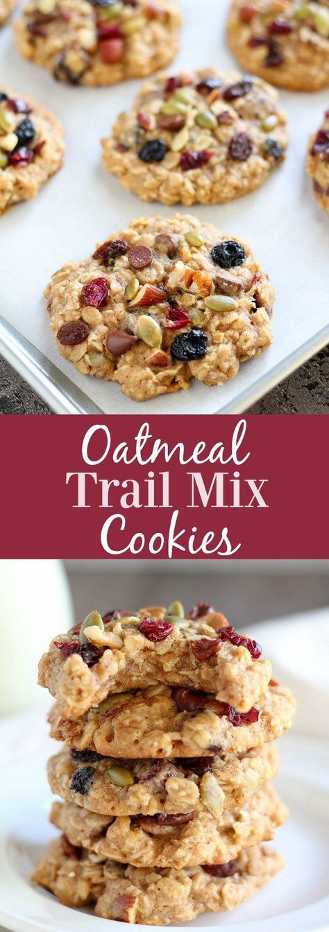 Oatmeal Trail Mix Cookies - Healthier oatmeal cookies that are soft and chewy… Baking Recipes Desserts Cookies, Scones Pumpkin, Pumpkin Bread Starbucks Copycat, Baking Recipes Desserts, Trail Mix Cookies, Healthy Oatmeal Cookies, Desserts Cookies, Shugary Sweets, Copycat Starbucks