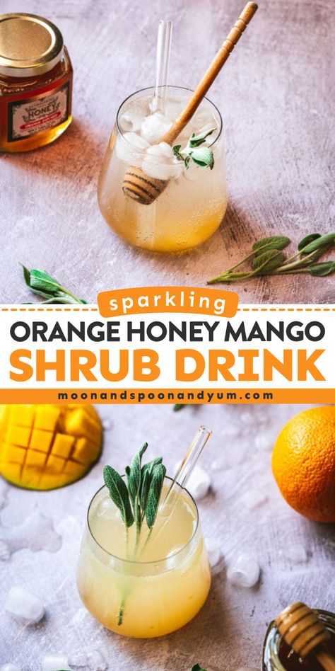 Looking for spring drink ideas? Here's a non-alcoholic summer drink! Made with orange infused honey and fresh mango, this shrub recipe is perfectly sweet and tart. So delicious! Pin this for later! Spring Drink Ideas, Shrub Drink, Summer Drinks Nonalcoholic, Honey Mango, Gluten Free Family Meals, Shrub Recipe, Easy Spring Recipes, Spring Drink, Infused Honey