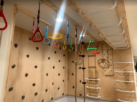 Kids Ninja Course Basement, Parkour Bedroom Ideas, Ninja Warrior Course For Kids Basement, Ninja Course Basement, Ninja Warrior Basement, Swings In Basement, Kids Ninja Warrior Course Backyards, Basement Ninja Course, Backyard Ninja Warrior Course For Kids