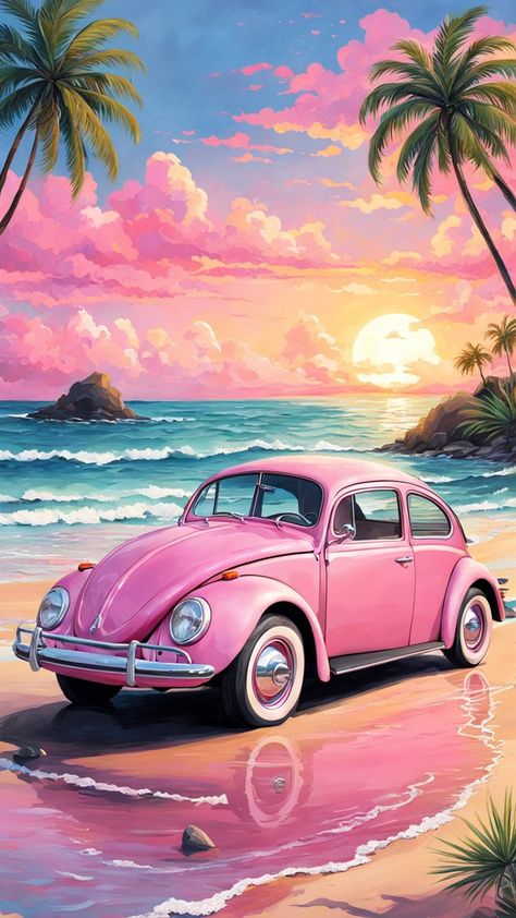 Wallpaper Fusca, 70s Wallpaper Iphone, Campervan Tattoo, Vw Art, Pink Vans, Canvas Painting Tutorials, Pink Painting, Preppy Wallpaper, Beautiful Sunrise