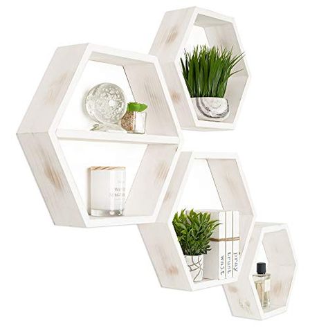 Hexagon Floating Shelves, Shelves Dimensions, Hexagon Shelf, White Wall Shelves, Wood Floating Shelf, Wood Hexagon, Honeycomb Shelves, Geometric Shelves, Decorative Shelving