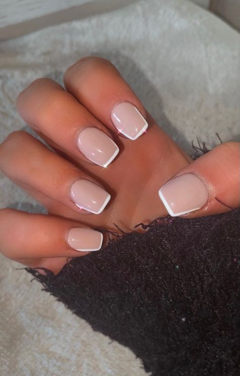 Short acrylic pink white tip border nails square rounded narrow blush natural tone Short Narrow Square Acrylic Nails, White Border Nails, Nail Ideas Square Round, Border Nail Designs, Narrow French Tip Nails, Pink And White Acrylic Nails French Classy Manicure Ideas, French Tip Nails Square Short, Border Nails, White Short Nails