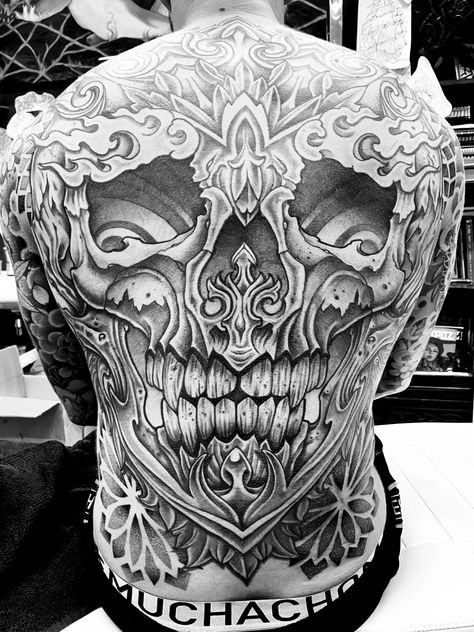 skull ornamental backpiece black and grey tattoo Backpiece Tattoo, Skull Art Tattoo, Black And Grey Tattoo, Grey Tattoo, Skull Art, Black And Grey Tattoos, Art Tattoo, Black And Grey, Tattoos