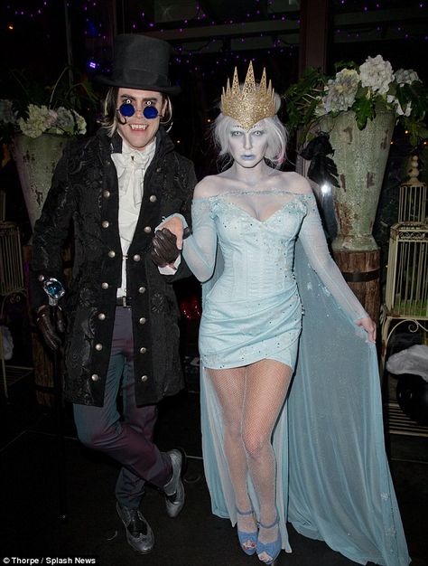 Going all out: Tom Sandoval and girlfriend Ariana Madix came as a very convincing vampire and ice queen Ice King And Queen Costume, Ice Inspired Outfit, Ice Party Theme Outfit, Ice Queen Costume Halloween, Ice Themed Outfit, Ice King Costume, Ice Queen Halloween Costume, Ice Queen Outfit, White Walker Costume