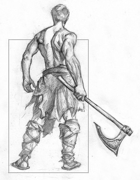 Brave Barbaro Fantasy Drawing Sketches, Barbarian Pose Reference, Swordsman Reference, Warrior Pose Sketch, Warrior Drawing Reference, Back Of Character, Warrior Drawing Male, D&d Barbarian, Barbarian Pose