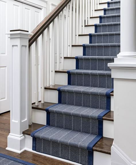 Farmhouse Stair Railing, Blue Stair Runner, Stairs Runners, Runner Stairs, Carpet Stair Runner, Herringbone Carpet, Striped Stair Runner, Farmhouse Stairs, Modern Coastal Living Room