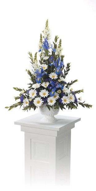 Pattern, because of the use of the flowers in the arrangement. Flowers Philippines, Sympathy Arrangements, Altar Arrangement, Blue And White Flowers, Altar Flowers, Large Flower Arrangements, Daisy Wedding, Church Flower Arrangements, Memorial Flowers