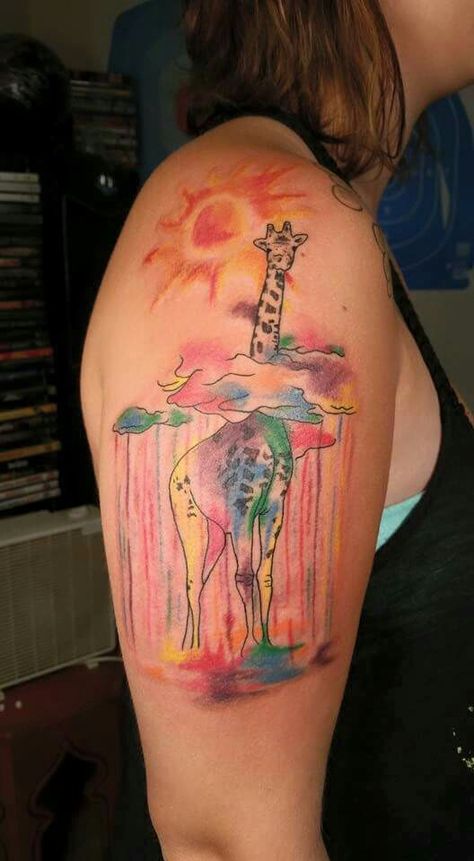 Giraffe Tattoos For Women, Girraffe Tattoo Ideas, Giraffe Print Tattoo, Giraffe With Butterfly Tattoo, Giraffe Tattoo Watercolor, Sunset Tattoos, Color Tattoo, Ink Art, Watercolor Tattoo