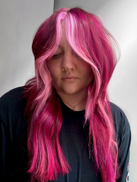 Magenta Hair With Pink Money Piece, Barbiecore Hair, Pink Hair With Money Piece, Pink Color Block Hair, Maroon And Pink Hair, Dark Magenta Hair, Fuschia Hair, Color Wow Dream Coat, Wow Dream Coat