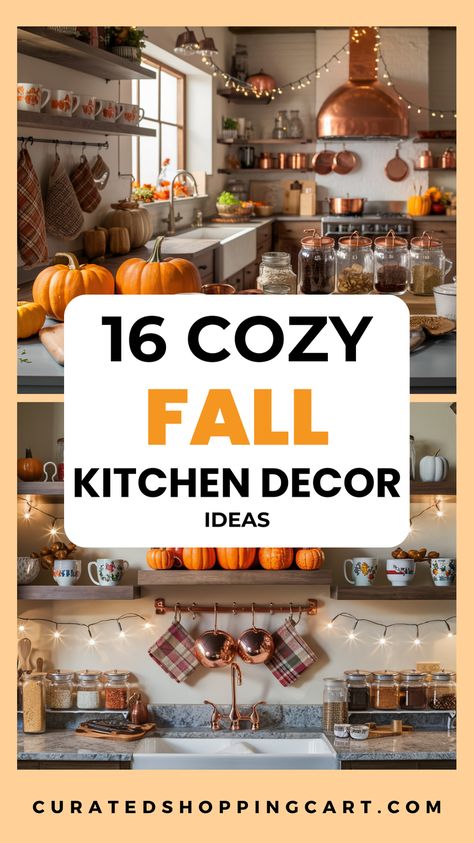 Discover 16 cozy fall kitchen decor ideas to transform your culinary space into a warm, inviting haven. From pumpkin centerpieces & rustic wooden accents to twinkling lights & autumn wreaths, these fall decorating ideas will make your kitchen the heart of the season. Perfect for those searching for autumn home ideas, cozy kitchen inspiration, fall home decor, autumn kitchen decor, cozy fall kitchen, fall kitchen aesthetic, fall kitchen decor ideas cozy, fall kitchen decorations. Fall Kitchen Decor Ideas Cozy, Fall Decor For Kitchen Counter, Fall Shelf Decor Ideas Kitchen, Kitchen Fall Ideas, Fall Decor Ideas For The Home Kitchens, Fall Kitchen Window Decor, Fall Countertop Decor, Fall Kitchen Countertop Decor, Kitchen Sideboard Ideas