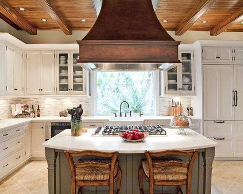 Island With Stove, Antique Kitchen Cabinets, Kitchen Hood Design, Kitchen Vent, Kitchen Range Hood, Kitchen Remodel Design, Rustic Kitchen Design, Kitchen Hoods, Antique Kitchen