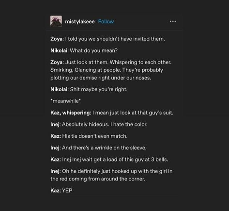 Zoyalai Headcanons, 6 Of Crows Quotes, Kanej Six If Crows, Kanej Six Of Crows, Kazzle Dazzle, Six Of Crows Characters, Crow Club, Crow Books, Grisha Verse