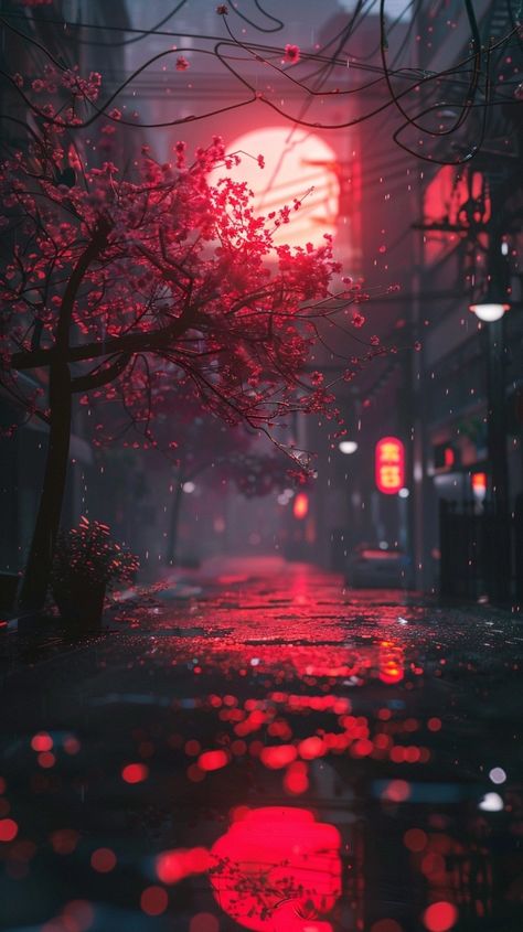 Red Fantasy Background, Red Aesthetic Landscape, Red Japan Aesthetic, Red City Wallpaper, Background Night City, Neon Cyberpunk Aesthetic, Eevee Wallpaper, Rain Night, Neon Sunset