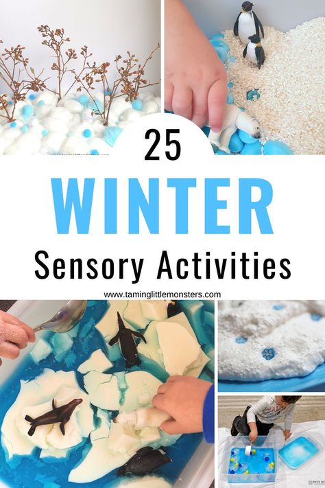 25 Winter Sensory Activities for Toddlers and Preschoolers. Fun and easy sensory play ideas for kids to try this winter. #winter #sensory #toddlers #preschoolers #babies Winter Sensory Bags For Toddlers, Winter Sensory Activities, Sensory Activities For Kids, Winter Sensory Bin, Toy Library, Winter Sensory, Soft Gingerbread, Winter Invitations, Sensory Bag