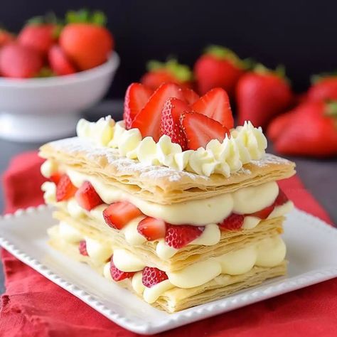 Strawberry Napolean Recipe Strawberry Napoleon, Strawberry Pastry, Sweet Puff Pastry, Strawberries And Whipped Cream, Strawberry Shortcake Cookies, Pumpkin Doughnut, Pastry Cream Recipe, Eclair Recipe, Puff Pastries