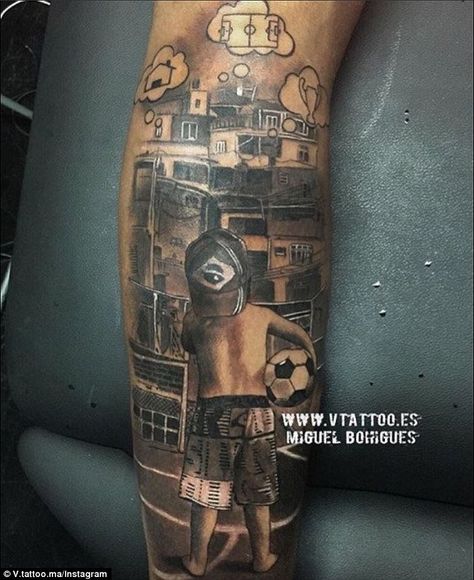 Love Neymar's new tattoo! Shows him as a boy dreaming about football, the Champions League and a house Neymar Jr Tattoos, Soccer Tattoos, Football Tattoo, Sport Tattoos, Latest Tattoos, Leg Tattoo Men, Inked Magazine, Calf Tattoo, Leg Tattoo