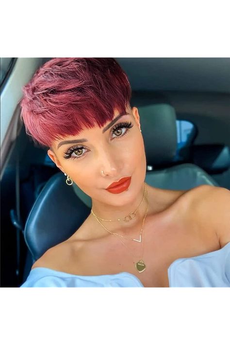 Black Hair Red Tips, Red Hair Pixie Cut, Pixie Cut Straight, Red Pixie Haircut, Red Pixie Cuts, Shaved Hair Cuts, Red Pixie, Short Shaved Hairstyles, Natural Straight Hair