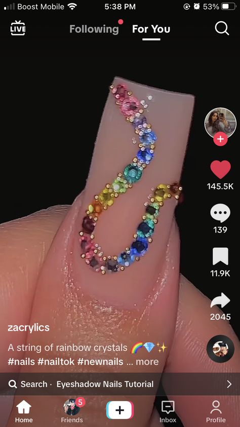 Rainbow Diamond Nails, Nail Gemstone Designs, Spring Rhinestone Nails, Rainbow Crystal Nails, Rainbow Nails With Rhinestones, Nail Designs With Gems Rhinestones, Rainbow Gem Nails, Bedazzled Acrylic Nails, Rainbow Rhinestone Nails