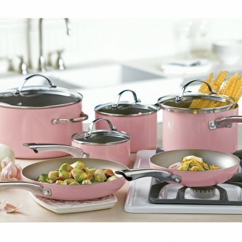 Fabulous pink pots & pans.....love them! Pink Pots And Pans, Pink Cookware, Pink Pots, Pink Kitchen Appliances, Kitchen Pink, Pink Coats, Vintage Stoves, Pink Cottage, Pots And Pans Sets