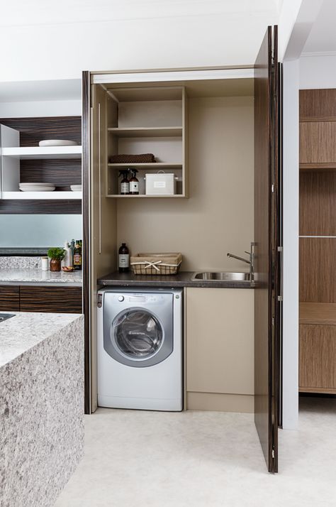 Laundry In Kitchen Hidden, Kitchen With Hidden Laundry, Laundry In Kitchen Ideas Hidden, Hidden Laundry In Kitchen, Accent Wall Inspiration, Hidden Laundry Rooms, Laundry In Kitchen, Concealed Laundry, Small Condo Kitchen