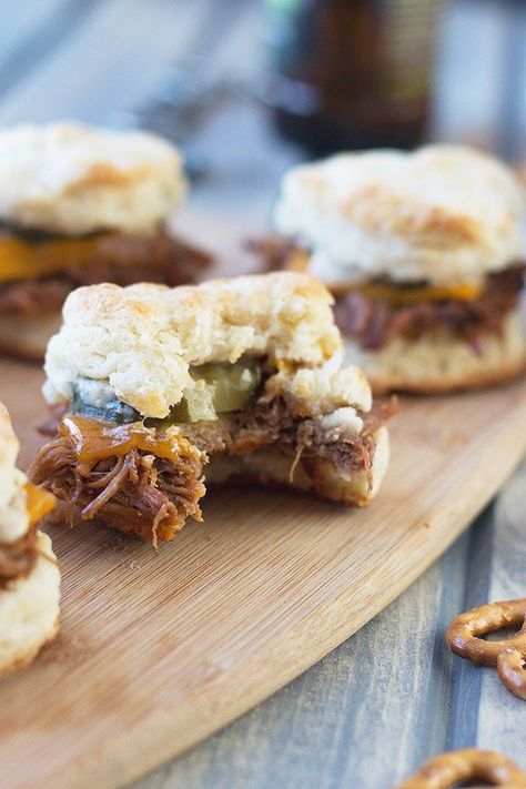 BBQ Pulled Pork Biscuit Sliders -perfect little sandwiches with smokey pulled pork, melted cheddar and Dijon mustard. | countrysidecravings.com Pulled Pork Biscuits, Biscuit Sliders, Little Sandwiches, Pork Sliders, Cheddar Biscuits, Pork Ham, Bbq Pulled Pork, Bbq Pork, Pork Chop Recipes