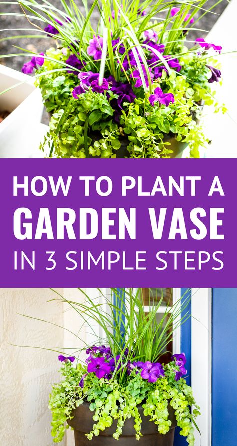 How To Plant Flowers In A Pot In 3 Easy Steps -- 3 simple steps to planting flowers in a garden vase for a beautiful focal point for your front porch, patio, or deck! Makes planting flowers for beginners EASY... | garden vase ideas | front porch ideas | how to plant flowers in large planters | how to plant flowers in pots outdoors | how to plant outdoor planters | planting in pots ideas | flower planter ideas #gardeningideas #planters #flowers Garden Vases Outdoor, How To Plant Flowers, Outdoor Vase, Planter Flowers, Flowers In A Pot, Front Porch Patio, Potted Plants Patio, Flowers In Pots, Garden Vase