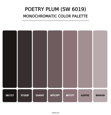 Poetry Plum (SW 6019) - Monochromatic Color Palette Poetry Plum, Monochromatic Color Palette, Dark Color Palette, Contemporary Color Palette, Powder Bath, Dark Color, Dark Colors, Furniture Making, Plum