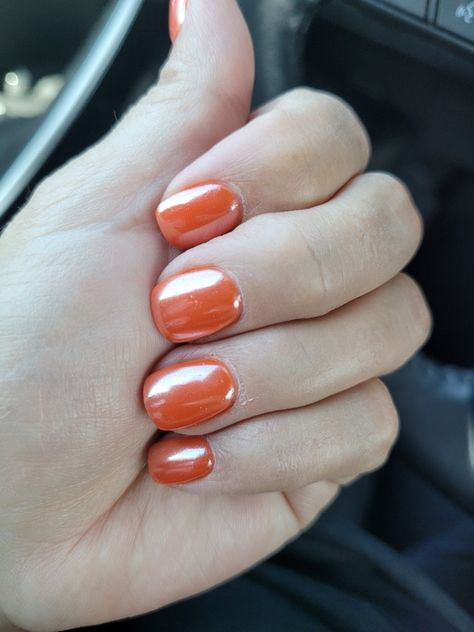 Summer into Fall nails Deep orange with white Chrome Deep Orange Nails Fall, Orange Chrome Nails Fall, Orange Nails With Chrome, Orange Chrome Nails Designs, Chrome Nails Fall, Orange Chrome Nails, Orange Chrome, Red Chrome Nails, Sns Nails Colors