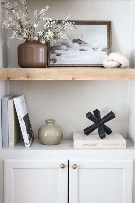 Styling Fireplace Shelves, Open Book Coffee Table Decor, Shea Mcgee Shelf Styling, Coffee Table Book Styling Farmhouse, Elegent Floating Shelves Kitchen, How To Style Coffee Table, Best Neutral Coffee Table Books, Built In Shelf Decor, Pottery Barn Shelves