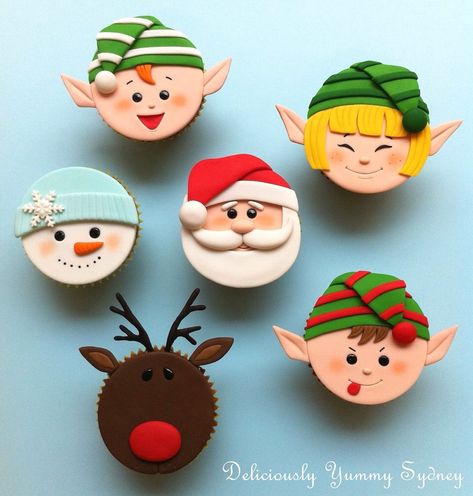 Cute Christmas characters Christmas Cupcakes Recipes, Christmas Cupcake Toppers, Christmas Cake Designs, Christmas Cupcake, Cupcakes Decorados, Xmas Cake, Christmas Cup, Fondant Cupcakes, Fondant Toppers