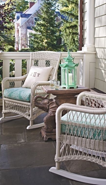 Rockers On Front Porch, Asia Architecture, Creek Garden, Painted Wood Chairs, Wicker Rocker, Moveable Wall, Pagoda Lanterns, Cozy Loft, Pergola Curtains