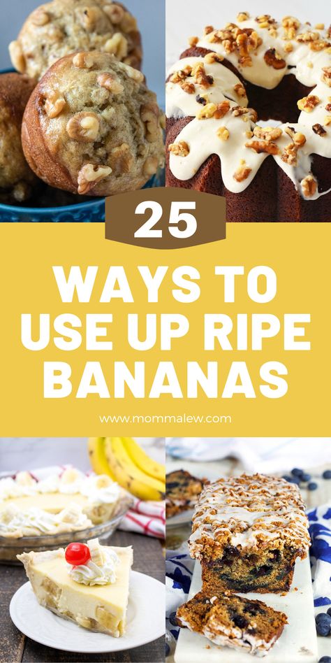 25 WAYS TO USE UP RIPE BANANAS | Are your bananas too ripe to eat on their own? No worries! Check out these delicious recipes for ripe bananas from breakfast to dessert! Ways To Use Up Ripe Bananas, Things To Do With Frozen Bananas, Recipes For Frozen Bananas, Desserts Using Over Ripe Bananas, Ways To Use Over Ripe Bananas, Recipes That Use Lots Of Bananas, What To Make With Over Ripe Bananas, What To Do With A Lot Of Bananas, Extra Ripe Banana Recipes