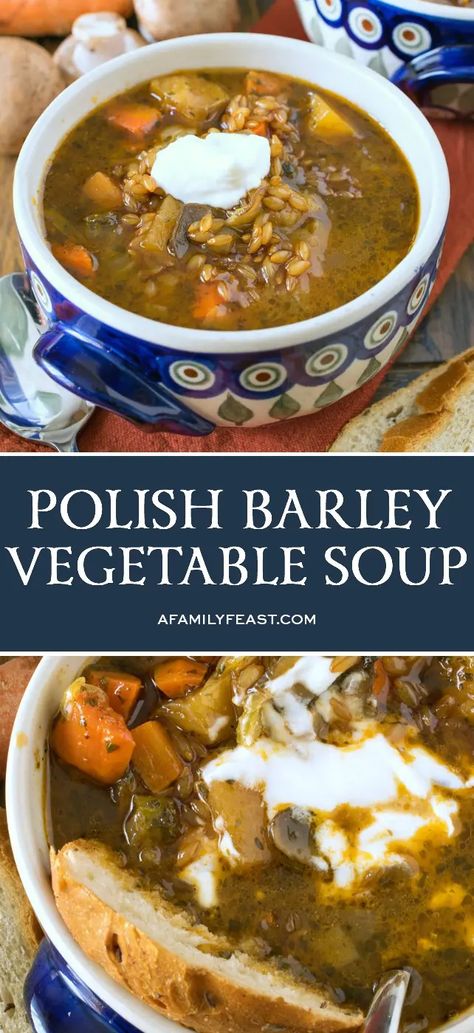 Our Polish Barley and Vegetable Soup is a delicious choice for a Meatless Monday meal! This soup is loaded with root vegetables and barley in a super flavorful broth. Soup Barley, Barley Vegetable Soup, Soup Vegetable, Eastern European Recipes, Turkey Broth, Meatless Monday Recipes, Turkey Soup, Family Feast, Pumpkin Pie Recipes