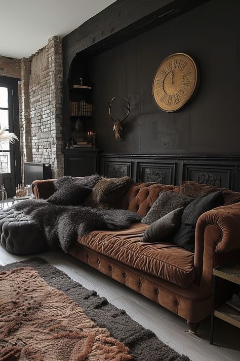 Dark Living Room Decor, Living Room Colours, Dark Living Room, Dark Boho Living Room, Gothic Living Room, Moody Living Room, Dark Boho, Living Room Painting, Modern Rustic Living Room