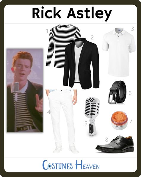 Rick Astley's costume is ideal for those who want to create a boy-next-door image. Armed with a microphone, you're ready to perform the song "Never Gonna Give You Up." #RickAstley #cosplay #halloweencostume #costumesheaven #costumeguide #costume #cosplayguide#rickastleycostume Rick Astley Costume, Rick Astley Never Gonna Give You Up, Ancient Rome Projects, Retro Microphone, Costume Guide, Concert Ideas, Rick Astley, Music Career, The Boy Next Door