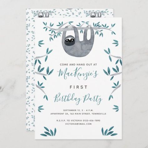 $ 2.92 | Cute Sloth First Birthday Party #sloth, birthday party invitation, gender neutral, watercolor painting, whimsical, funny, cute, first birthday, one year old, nic squiirrell Sloth First Birthday, Watercolor Sloth, Wild Birthday Party, 1 Year Birthday, Gender Neutral Baby Shower Invitations, Watercolor Birthday, Baby Sloth, Kids Birthday Party Invitations, Party Invitations Kids