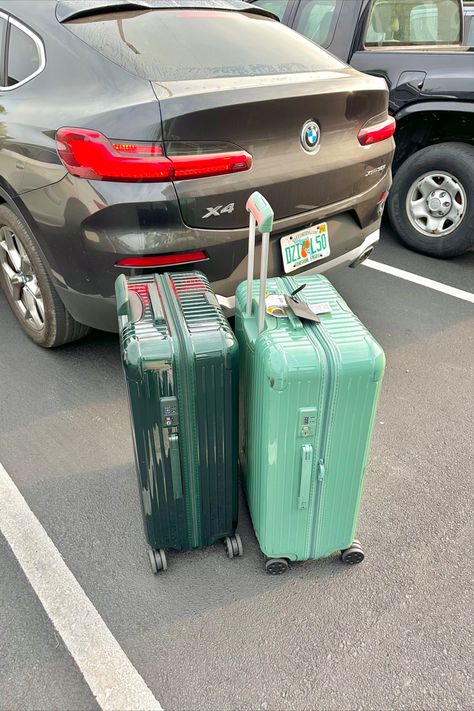 travel, travel essentials, travel luggage, packing luggage, travel aesthetic, green luggage, suitcase, green suitcase Green Suitcase, Green Luggage, Travel Luggage Packing, Luggage Packing, Packing Luggage, Airport Look, Green Travel, Luggage Suitcase, Aesthetic Green