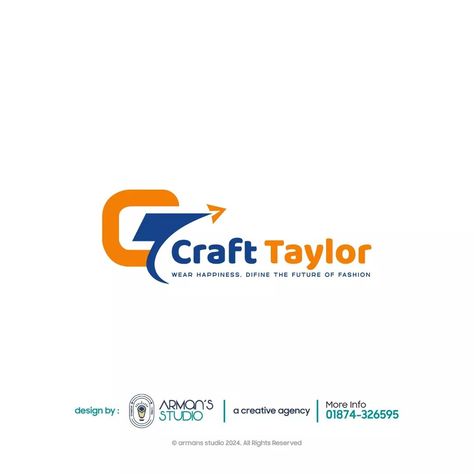 This logo for Craft Taylor represents a blend of modern fashion and dynamic movement. The bold "C" icon combined with the arrow symbolizes progression and innovation in the fashion world. The vibrant orange and blue color palette evokes energy, trust, and creativity. The clean typography highlights the brand's focus on quality and style, while the tagline, "Wear Happiness, Define the Future of Fashion," emphasizes the brand's commitment to customer satisfaction and forward-thinking designs #... Orange And Blue Color Palette, Letter Mark Logo, T Letter, Future Of Fashion, Blue Color Palette, Blue Colour Palette, Fashion Logo Design, Logo Design Trends, Home Logo