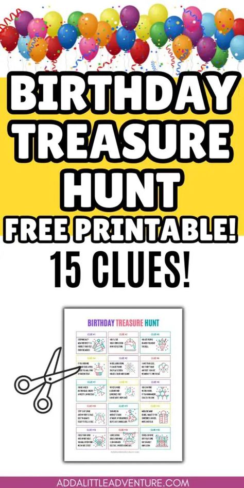 Birthday Treasure Hunt - Free Printable! - 15 Clues! Birthday Party Scavenger Hunt Ideas, Birthday Treasure Hunt Clues For Adults, Scavenger Hunt For Birthday Party, Scavenger Hunt Party Birthday, Treasure Hunt Birthday Party Ideas, Hunting Party Games, Birthday Party Scavenger Hunt Kids, Birthday Scavenger Hunt For Teens, Birthday Scavenger Hunt For Adults