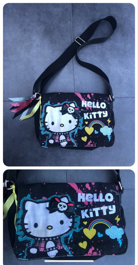 Hello Kitty Messenger Bag, Punk Messenger Bag, Scene Makeup 2007, 2000s Backpack, Emo Bag, Messenger Bag Aesthetic, Scene Hello Kitty, Scene Items, Emo Hello Kitty