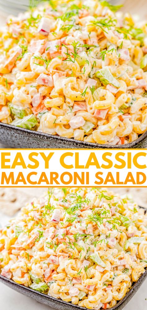 Classic Macaroni Salad - This fast and easy pasta salad recipe with tender elbow macaroni, bell peppers, carrots, celery, ham, and a super creamy dressing is a family FAVORITE! You can make it up to a day in advance if you want to get ahead and serve it at your next casual get together, backyard barbecue, picnic, potluck, or weeknight family dinner! Everyone always wants seconds! Carrot And Celery Recipes, Elbow Macaroni Recipes, Macaroni Salad With Ham, Picnic Potluck, Easy Macaroni Salad, Classic Macaroni Salad, Classic Pasta Salad, Pasta Salad Ingredients, Best Macaroni Salad