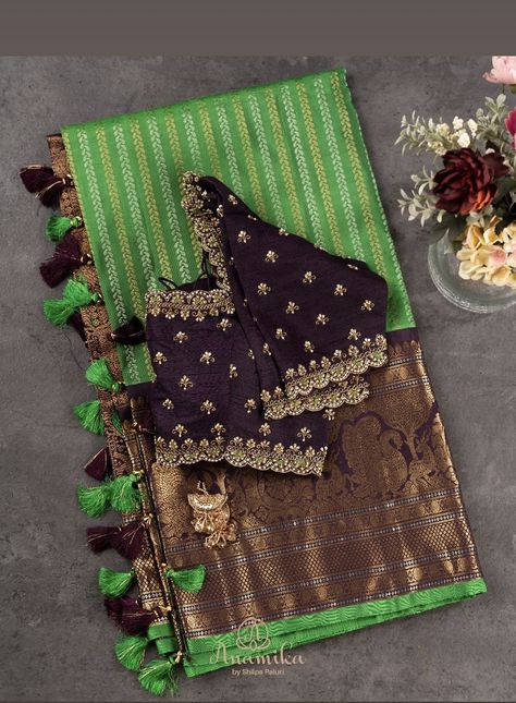 Brown Maggam Work Blouse, Brown Colour Blouse Aari Work Design, Saree Colour Combination Ideas, Green Colour Saree, Opening Quotes, Red Blouse Design, Exclusive Blouse Designs, Green Sarees, Wedding Blouses