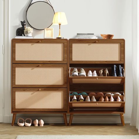 PRICES MAY VARY. 【Natural Rattan Design】This shoe cabinet is made of sturdy medium-density MDF and hand-woven natural rattan. The shoe storage cabinet looks more elegant and classic. The entryway shoe storage cabinet designed with ingenuity makes full use of space, making your living room, hallway, and entryway cleaner. The natural elements of rattan better decorate your home environment 【48 Pairs Large Capacity Drawers】The narrow shoe cabinet has 3 drawers, each of which can hold 3-4 pairs of s Dresser With Shoe Storage, Shoe Storage For A Lot Of Shoes, Entry Wall Shoe Storage, Concealed Shoe Storage, Entry Table Shoe Storage, Japanese Shoe Rack, Mcm Mudroom, Shoe Storage Entryway Small, Show Storage Ideas