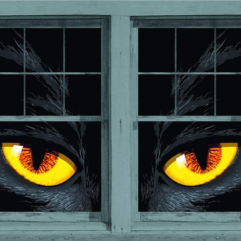 13 Best Halloween Window Decorations, Silhouettes, and Clings 2018 Yellow Cat Eyes, Halloween Window Clings, Halloween Window Decorations, Spider Web Decoration, Window Poster, Hanging Ghosts, Window Decorations, Halloween Window, Black Balloons