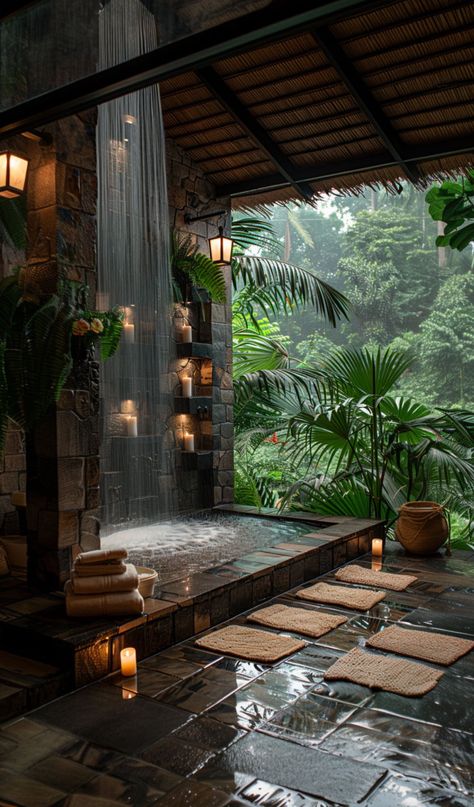 Bath And Shower Room Ideas, Bathroom Rainfall Shower Ideas, Stone Spa Bathroom, Outside Bathrooms, Waterfall Shower Bathroom, Home Spa Aesthetic, Rainfall Shower Ideas, Waterfall For Home, Relaxing Architecture