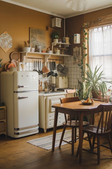 Kitchen Maximalist Decor for a Retro Touch Vintage Pastel Kitchen, Quirky Kitchen Ideas, Multicolor Furniture, Kitchen Maximalist, Quirky Patterns, Polka Dot Curtains, Kitschy Decor, Vintage Inspired Kitchen, Retro Kitchens