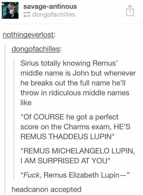 Headcanon - Sirius using random middle names for Lupin, just for fun! Universal Harry Potter, Marauders Headcanons, Memes Harry Potter, Glume Harry Potter, About Harry Potter, Captive Prince, Middle Names, Yer A Wizard Harry, Harry Potter Headcannons