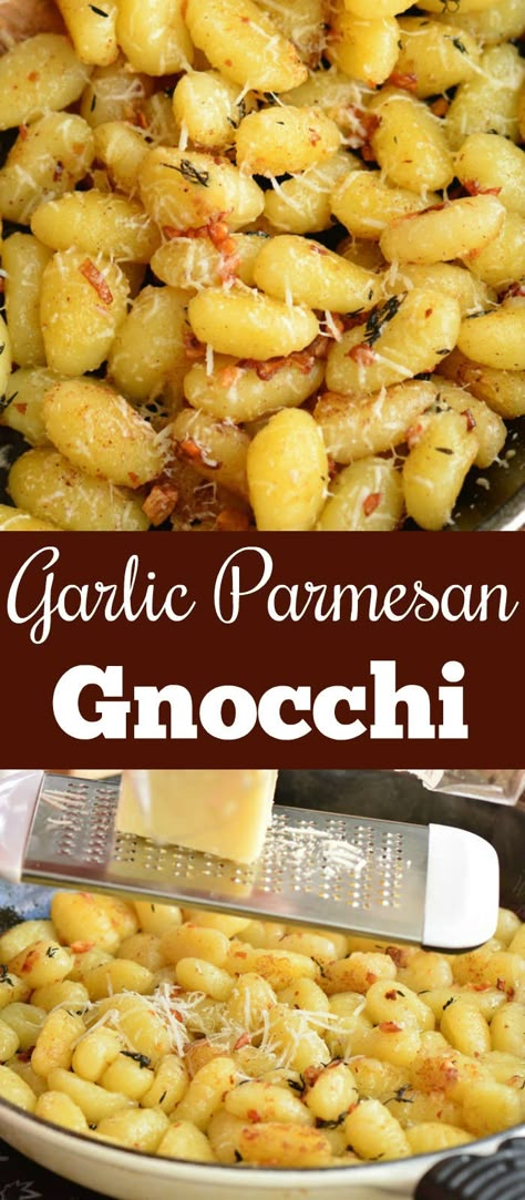 Boiled soft and fluffy gnocchi is sauteed in butter with garlic, thyme, and freshly grated Parmesan cheese until golden. This easy dinner will come together in only 20 minutes and only has 5 ingredients.#pasta #easydinner #gnocchi #parmesan #30minutemeals Gnocchi Parmesan, Tortellini Pesto, Easy Gnocchi, Gnocchi Recipes Easy, Gnocchi Recipes Homemade, Gnocchi Dishes, Gnocchi Recipe, Homemade Gnocchi, Gnocchi Recipes