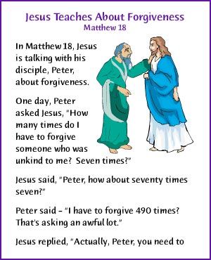 Jesus Teaches About Forgiveness (Story) - Kids Korner - BibleWise Bible Stories For Toddlers, Bible Stories For Children, Forgiveness Object Lessons For Kids, Bible Story For Kids, Object Lesson On Forgiveness, Forgiveness Lesson, Teen Bible Study, Kids Sunday School Lessons, Sunday School Classroom