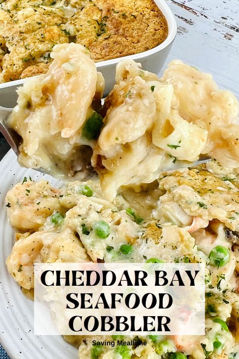 Homemade Cheddar Bay Seafood Cobbler - Saving Mealtime Frozen Cooked Shrimp, Seafood Casserole Recipes, Red Lobster Cheddar Bay Biscuits, Seafood Dish Recipes, Cheddar Bay Biscuits, Seafood Entrees, Seafood Chowder, Best Seafood Recipes, Soup Broth